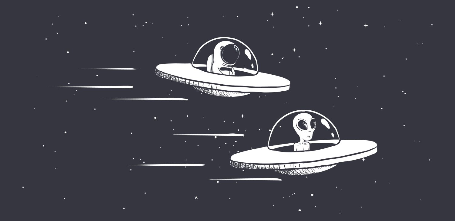 Animated alien and flying saucer in space