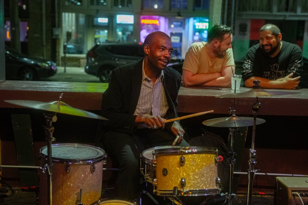 Multi-instrumentalist Justin Hoard on drums in Dallas.