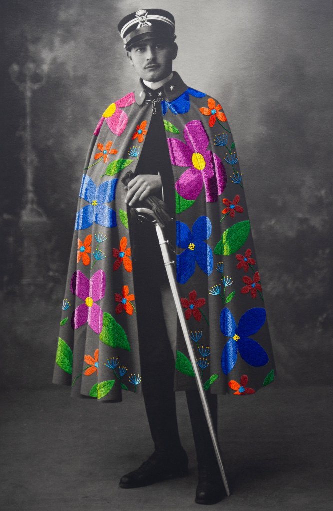 "The man in the cape" by artist Han Cao mixes embroidery and portraiture 