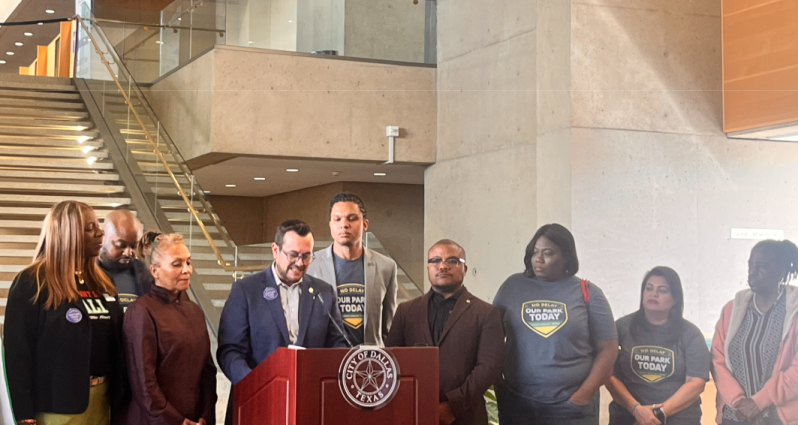 Adam Bazaldua is joined by South Dallas residents and State Rep. Venton Jones.