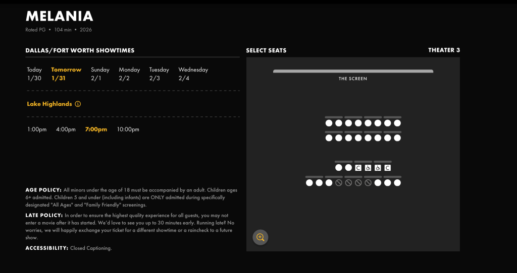 Screenshot of movie theater availability at Alamo Drafthouse