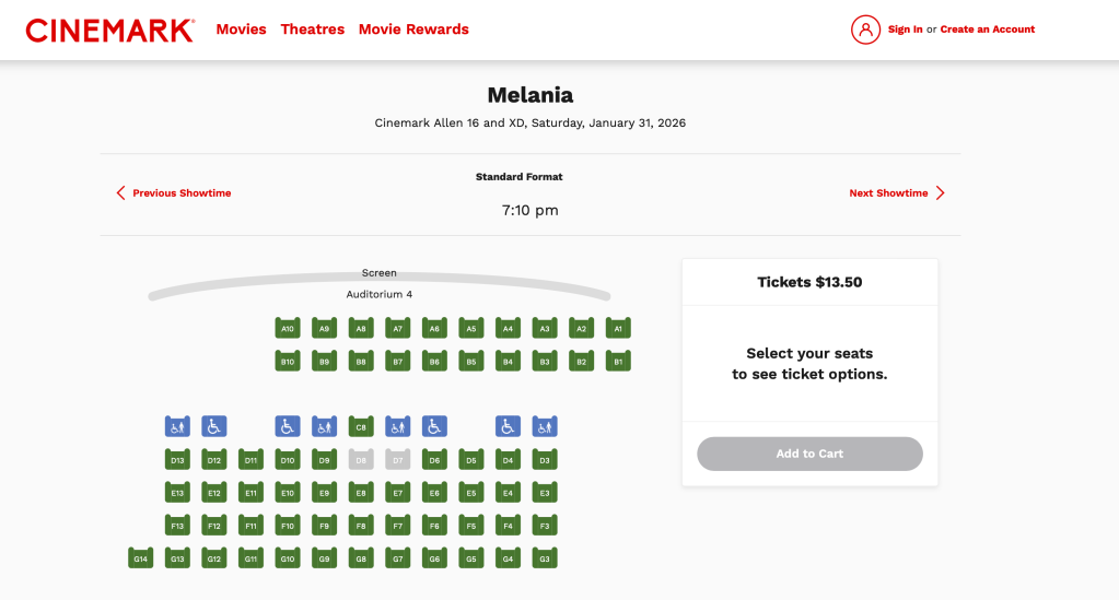 Screenshot of movie theater availability at Cinemark Allen