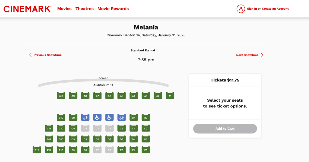 Screenshot of movie theater availability at Cinemark Denton