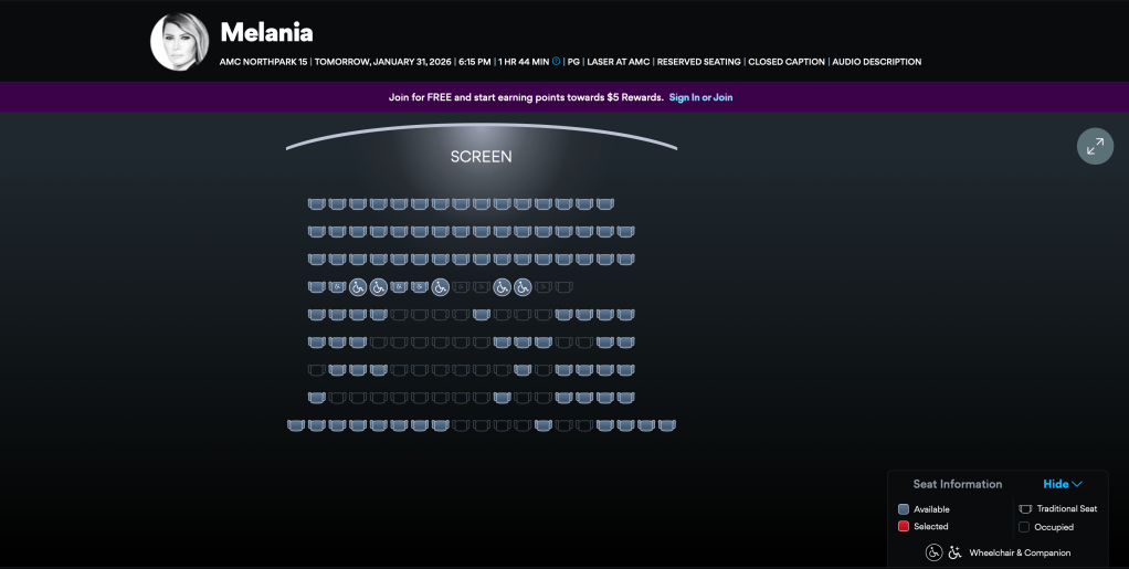 Screenshot of movie theater availability at AMC NorthPark