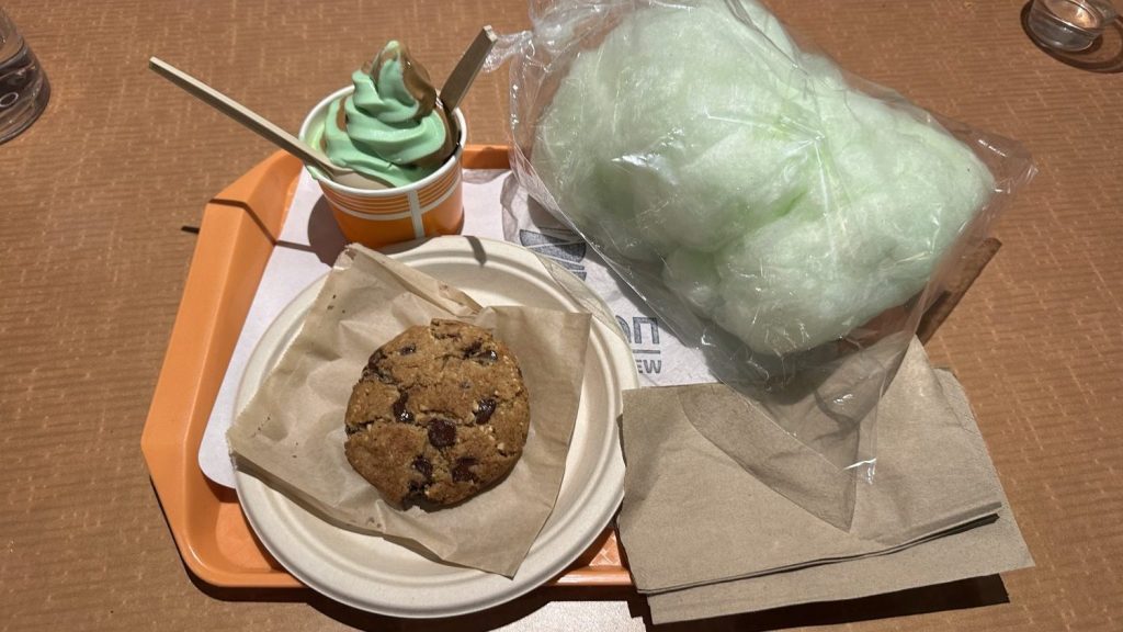 Byra Zan's deserts are a chocolate, peanut, and coconut cookie, pandan and Vietnamese coffee soft-serve ice cream and spicy cotton candy. All were good.