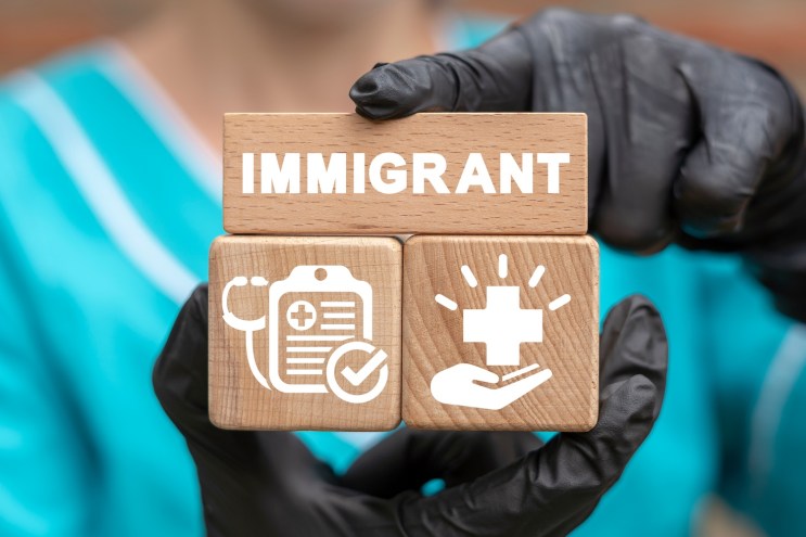 A woman in rubber gloves and hospital scrubs holds blocks representing immigrants and medical care.