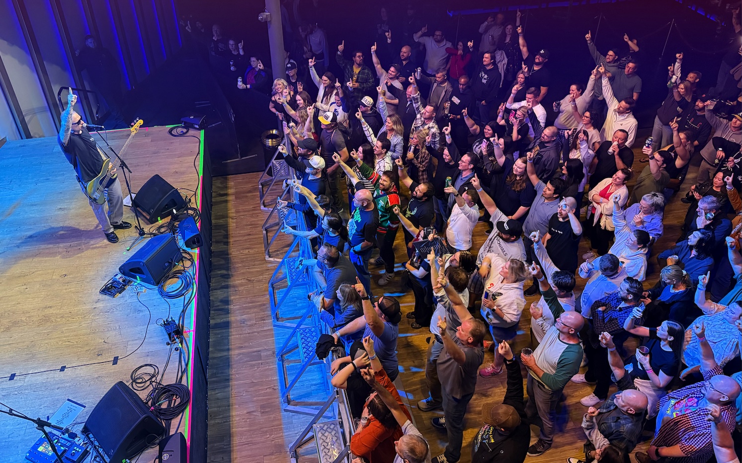 A crowd of fans raise their arms as Eve 6 performs in Dallas.