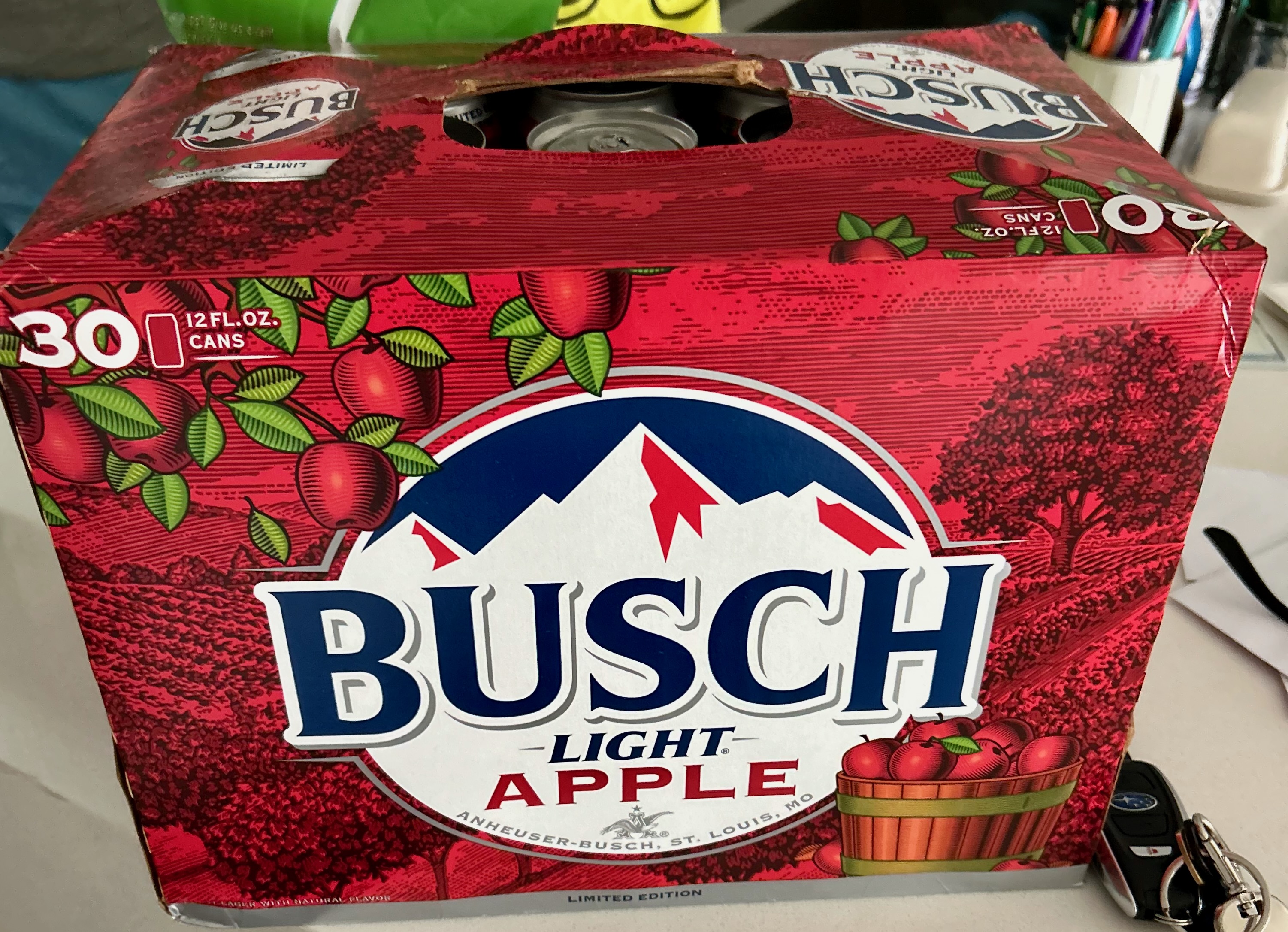 a 30-pack of busch light apple