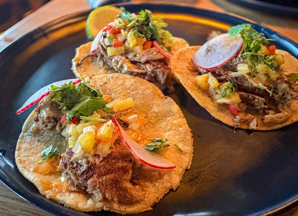 Carnitas on a plate topped with pineapple salsa