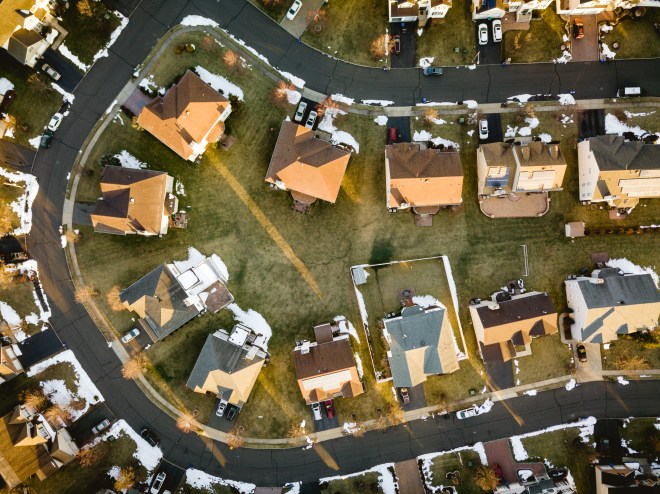 Aerial view of a residential neighborhood