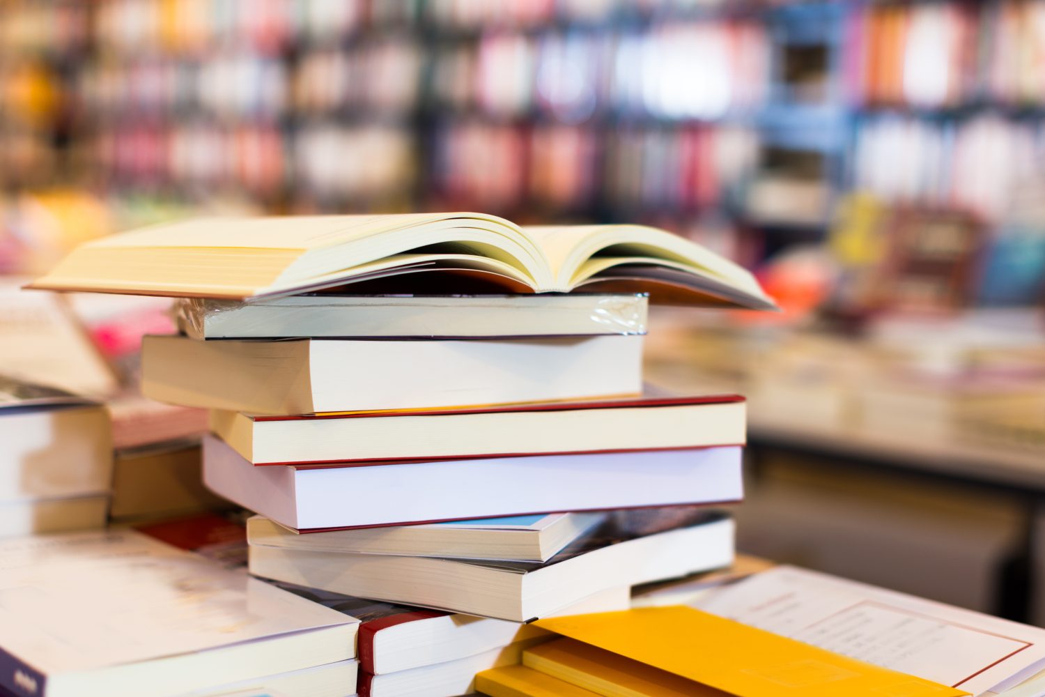 a stack of books in a school library