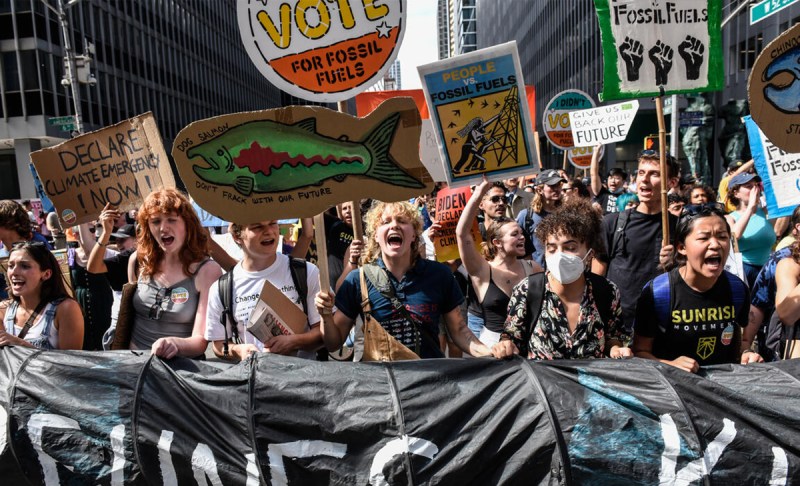 activists hold signs at a protest