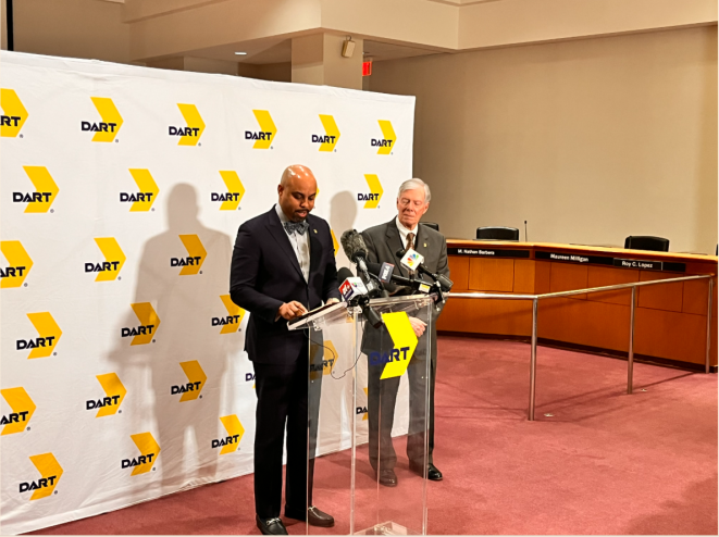 DART Chair Randall Bryant speaks at a press conference following Highland Park's vote.
