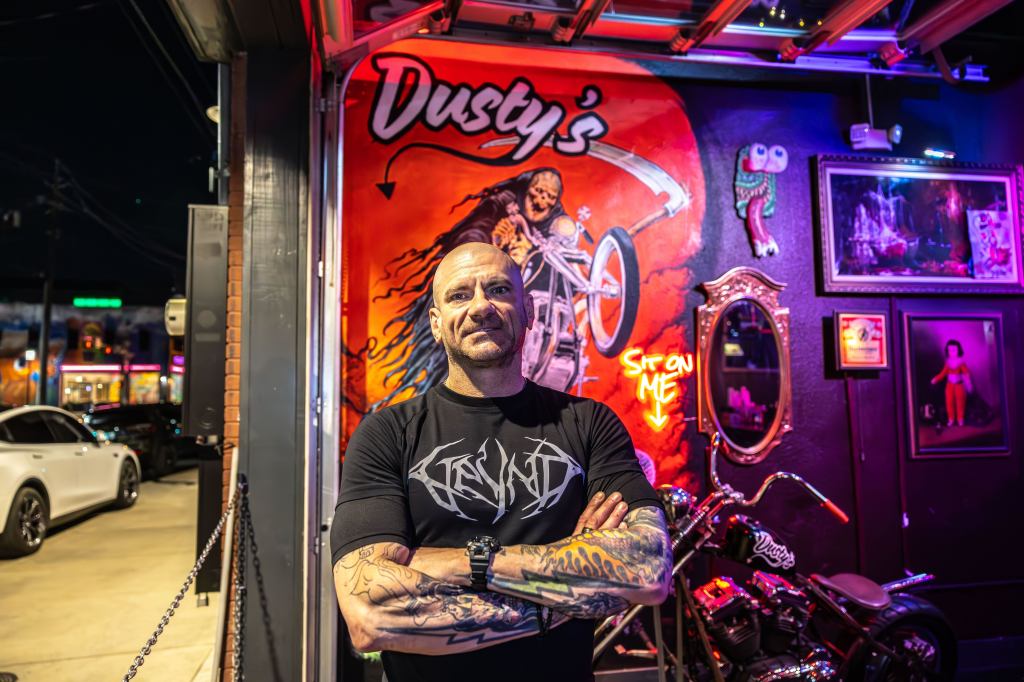 Jeff Biehler standing outside his bar, Dusty's in Deep Ellum. 