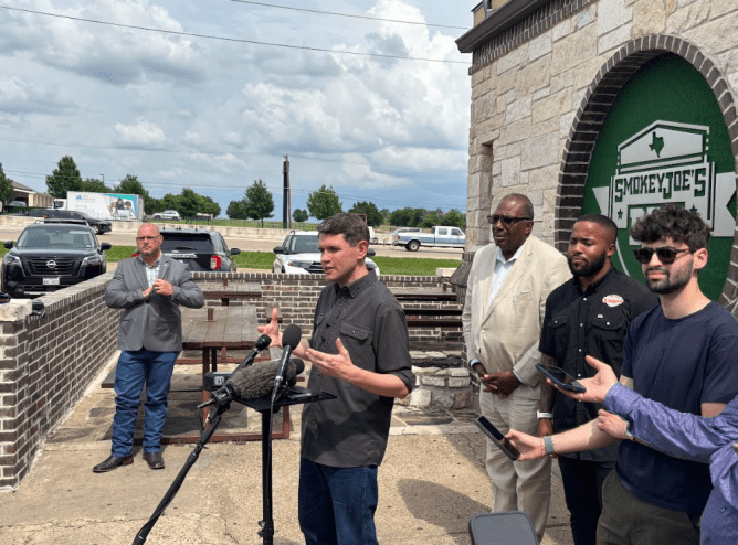 Talarico speaks on rising beef prices outside Smokey Joe's BBQ in southern Dallas.