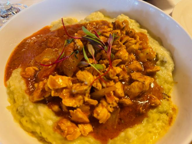 The Chicken Delight is a stew of mashed eggplant.