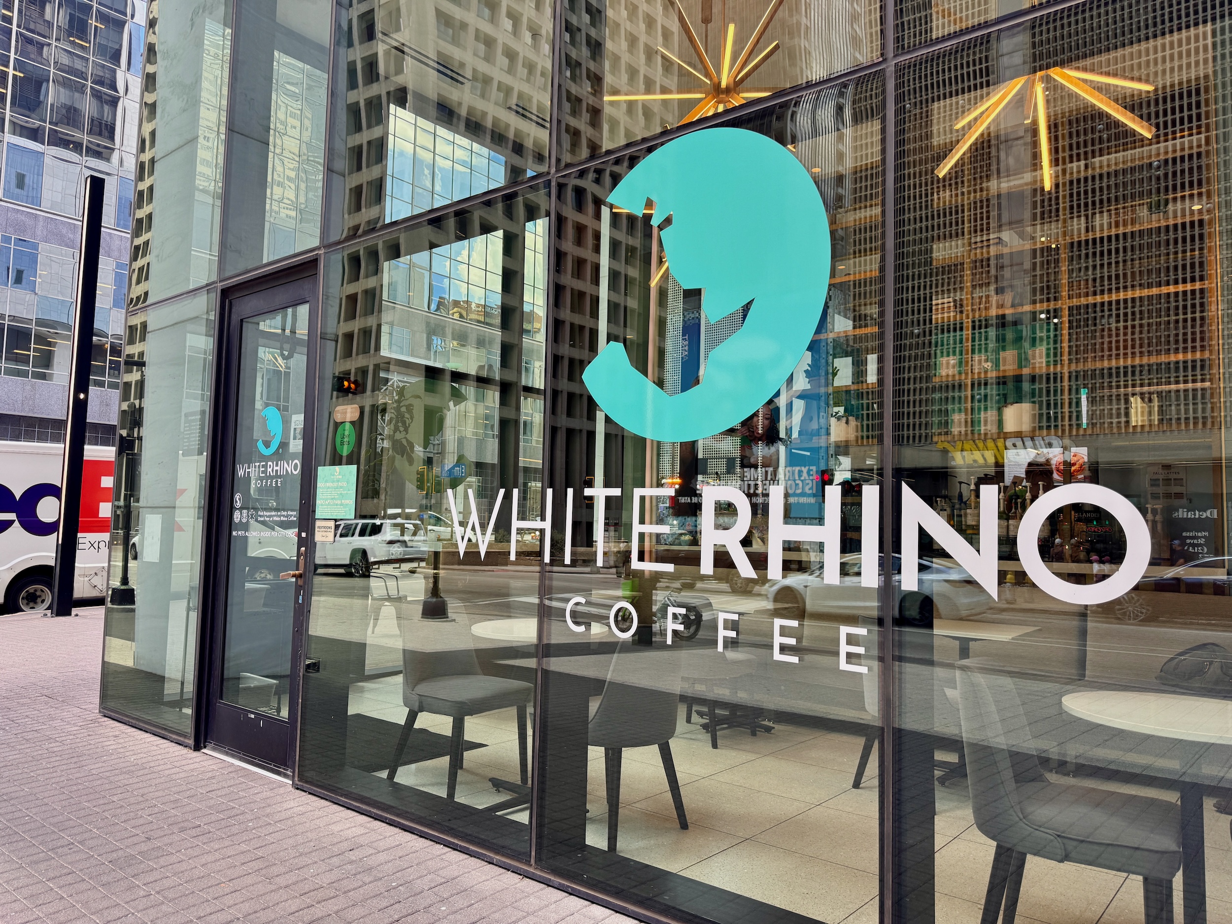 the front window of White Rhino Coffee in downtown Dallas