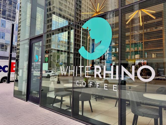 the front window of White Rhino Coffee in downtown Dallas