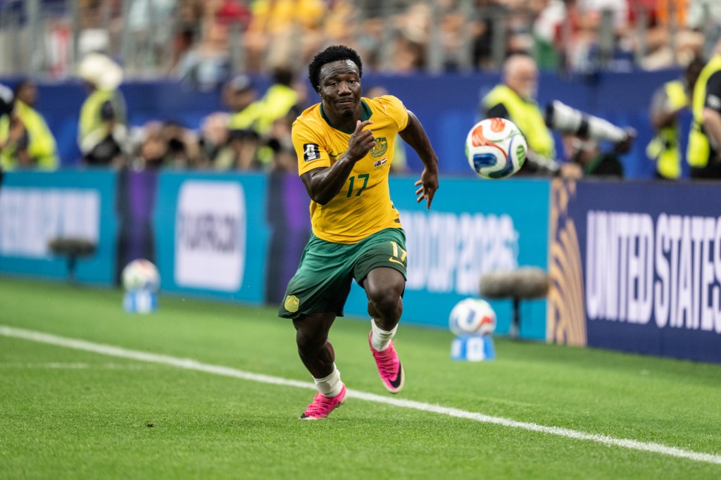 Nestory Irankunda of Australia attacks along the sideline on July 3, 2026.