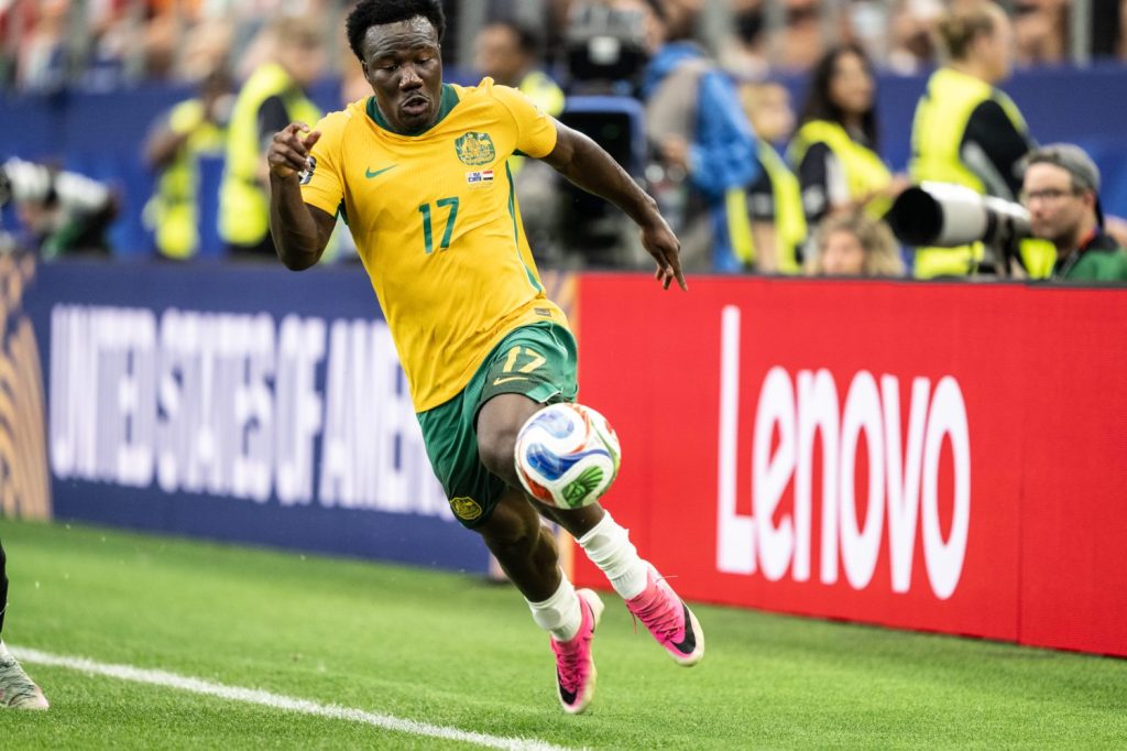 Nestory Irankunda of Australia attacks along the sideline on July 3, 2026.