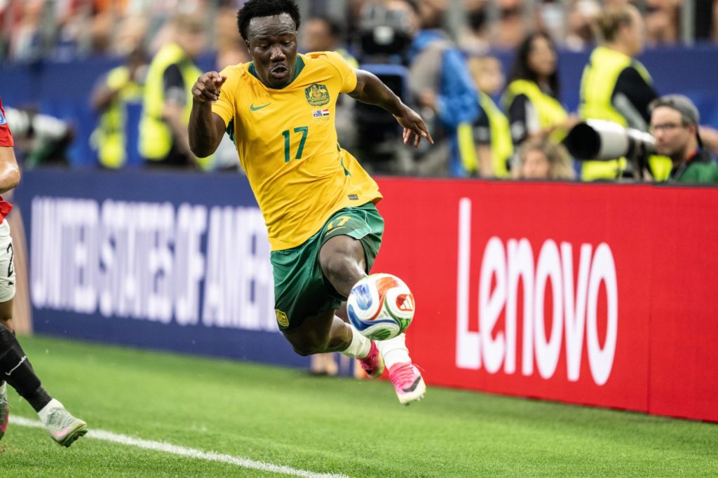 Nestory Irankunda of Australia attacks along the sideline on July 3, 2026.