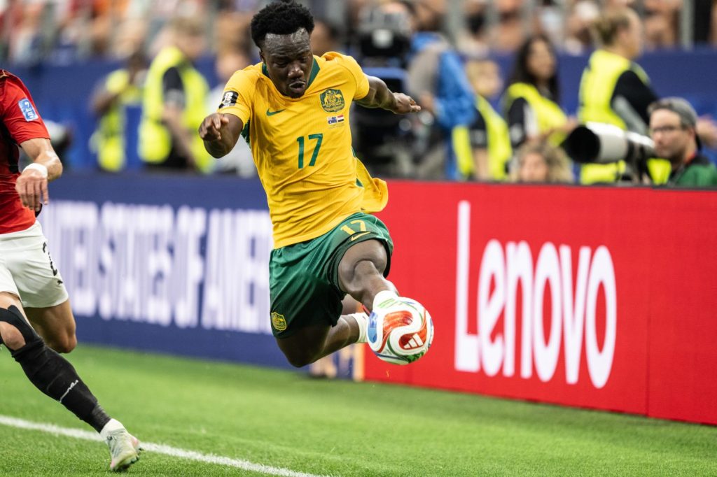 Nestory Irankunda of Australia attacks along the sideline on July 3, 2026.