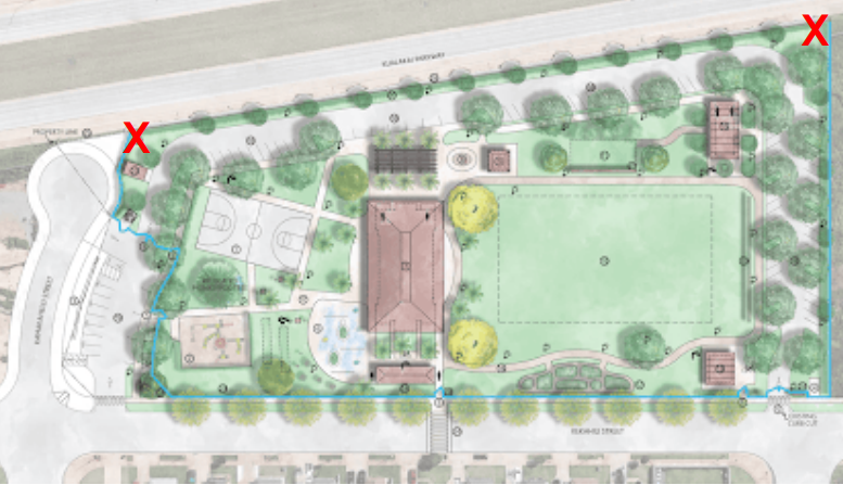 Mockup of potential billboard locations in a model park, showing them placed on the perimeter.