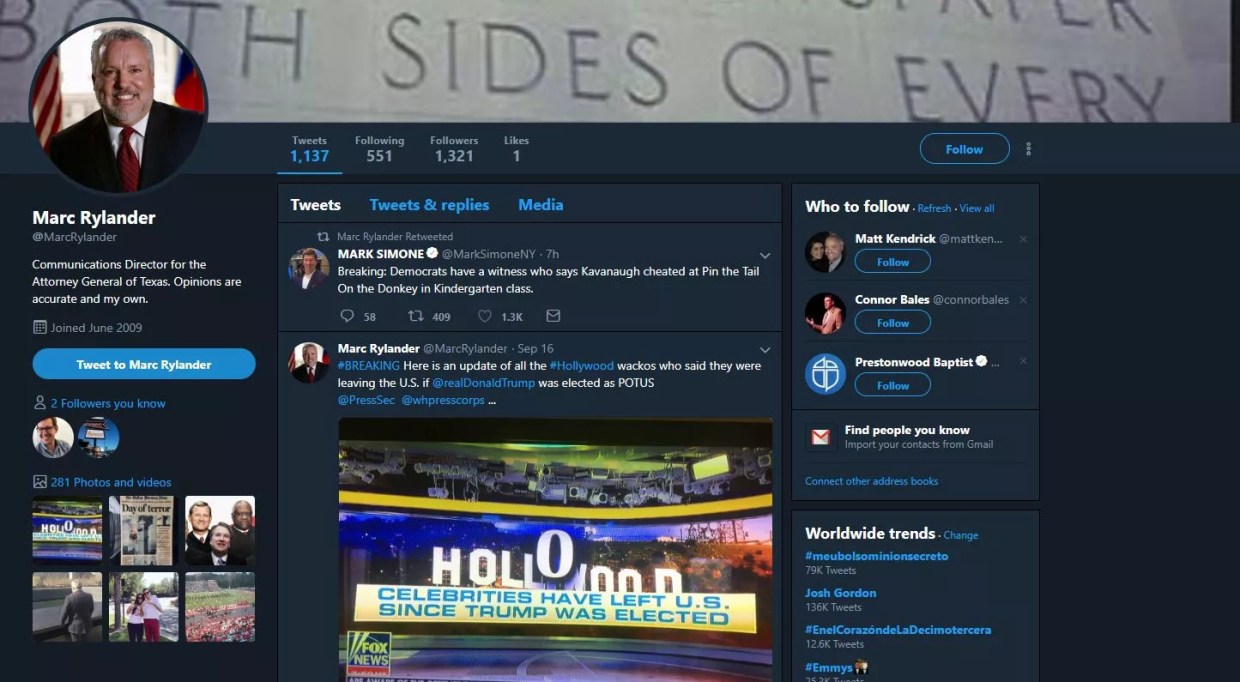 Texas Attorney General Spokesman Mocks Kavanaugh Accusations on Social Media