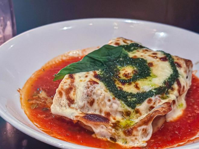 Green chili lasagna at Renny's