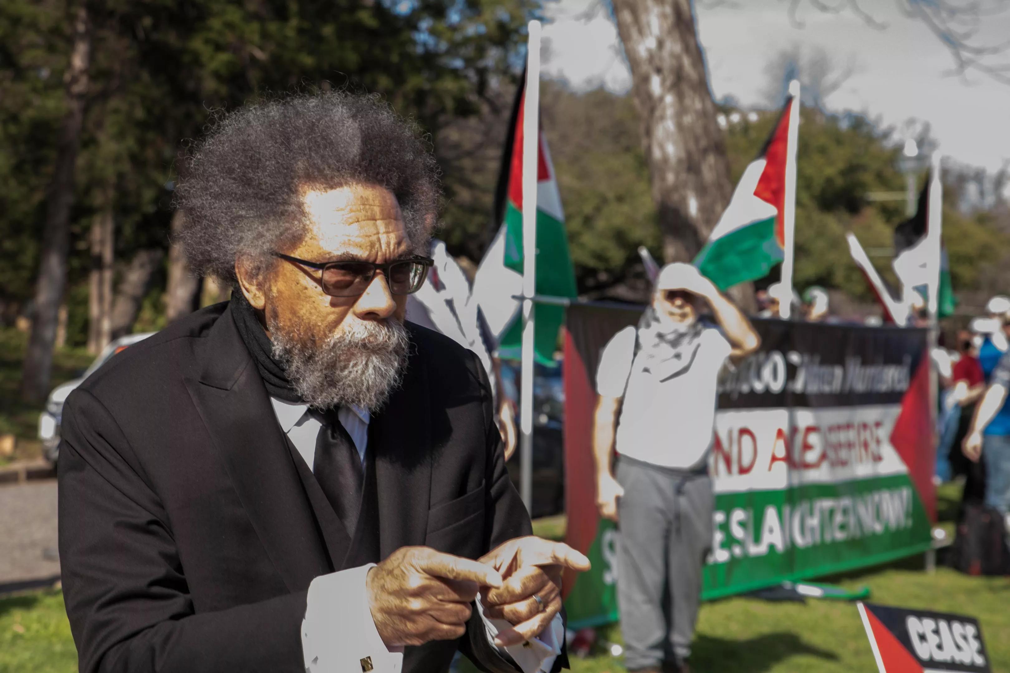 Cornel West at a pro-Palestine rally in Dallas.