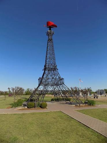 The Eiffel Tower replica in Paris, Texas, has a cowboy hat on its top.