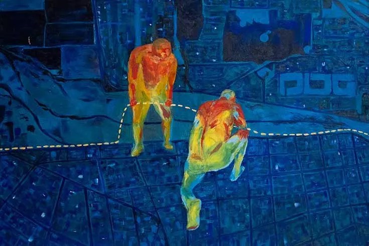 A painting of immigrants crawling under a fence from La Frontera: The Border exhibition.