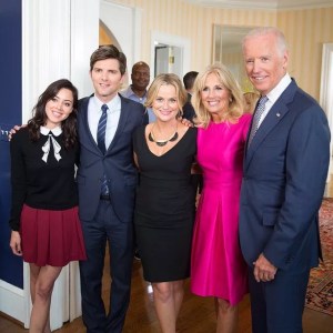 The Parks and Rec cast (from left: Aubrey Plaza, Adam Scott and Amy Pohler)  with First Lady Jill Biden and President Joe Biden (fourth and fifth from left).