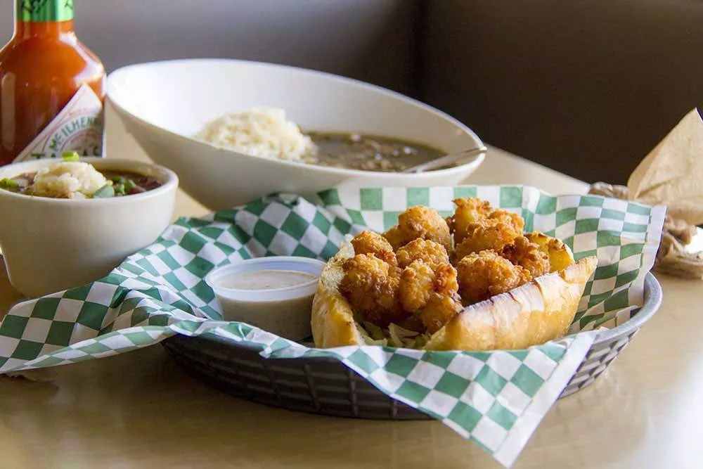 A shrimp po'boy, red beans and rice and gumbo at Bucky's