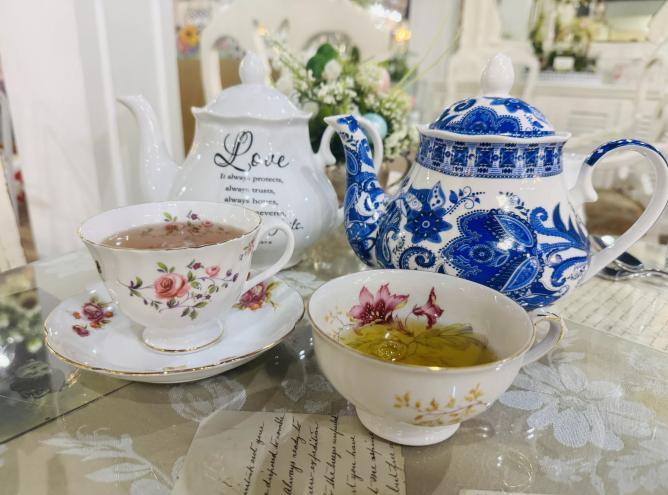 a tea set at chocolate angel