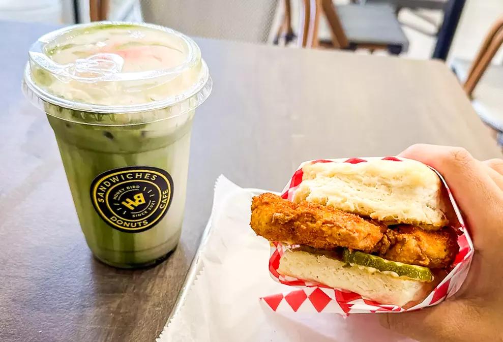 The sakura matcha and the Spicybird biscuit from Honeybird.