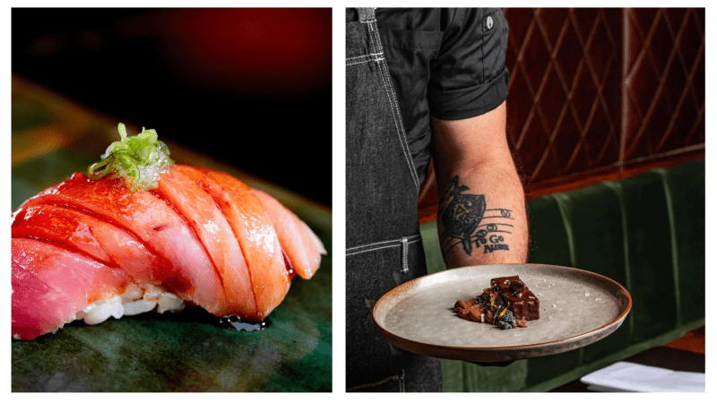 sushi and chocolate cake.